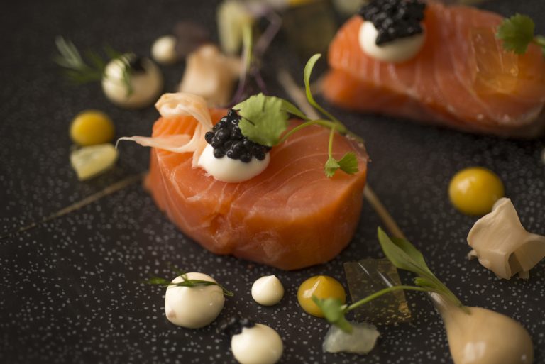 056 Slow cooked salmon honey and soy vinaigrette with wasabi mayonnaise pickled ginger and salmon jelly jdf9ym 768x513