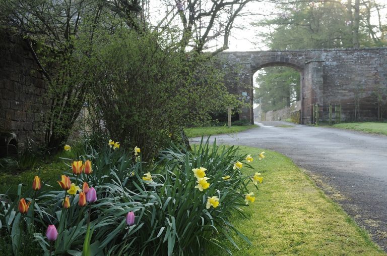 EarlyspringmorningatMelmerbyHallaviewofthesandstonearchedentranceway 768x507