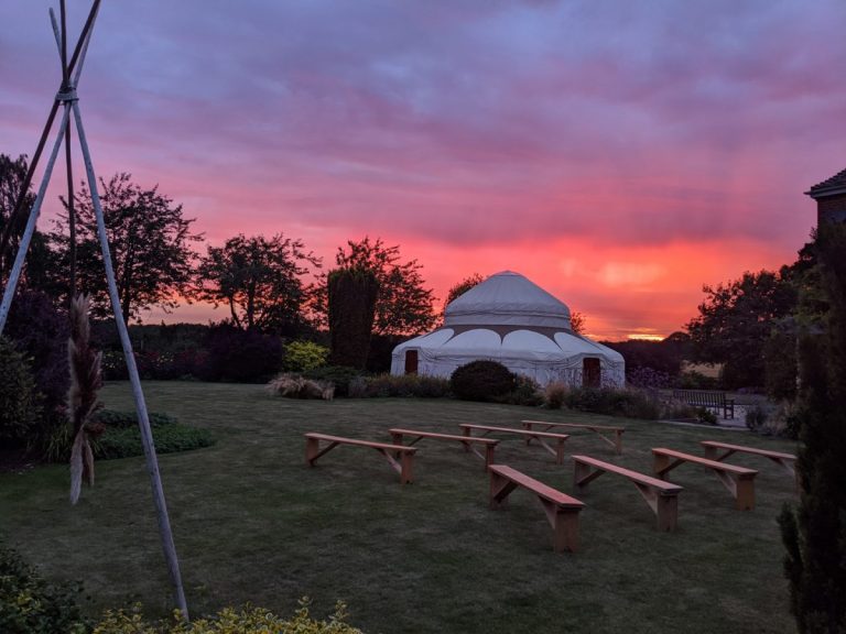 The Gardens at Polehanger sunset yurt 1200x900 1 768x576