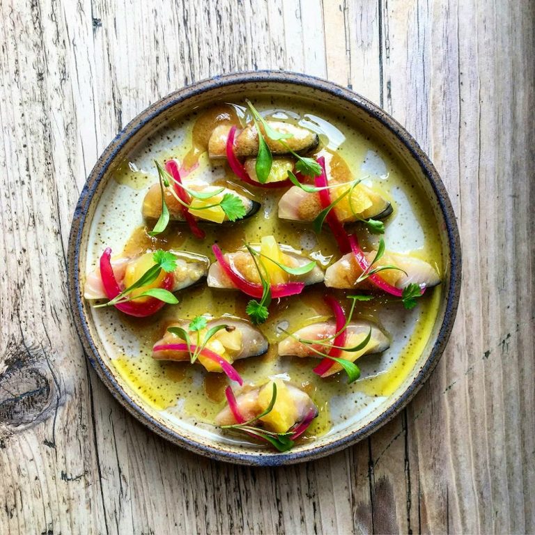 cured mackerel with fermented pineapple and miso dressing 03012020125438 768x768